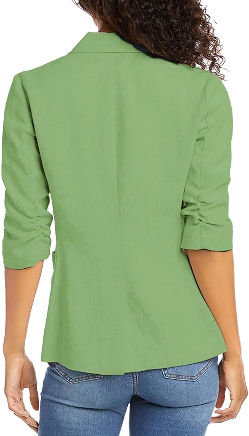 linen blazer women 3/4 Sleeve Ruched Lined Suit Stretchy Lightweight Casual Dressy Work Summer Jackets with Pockets
