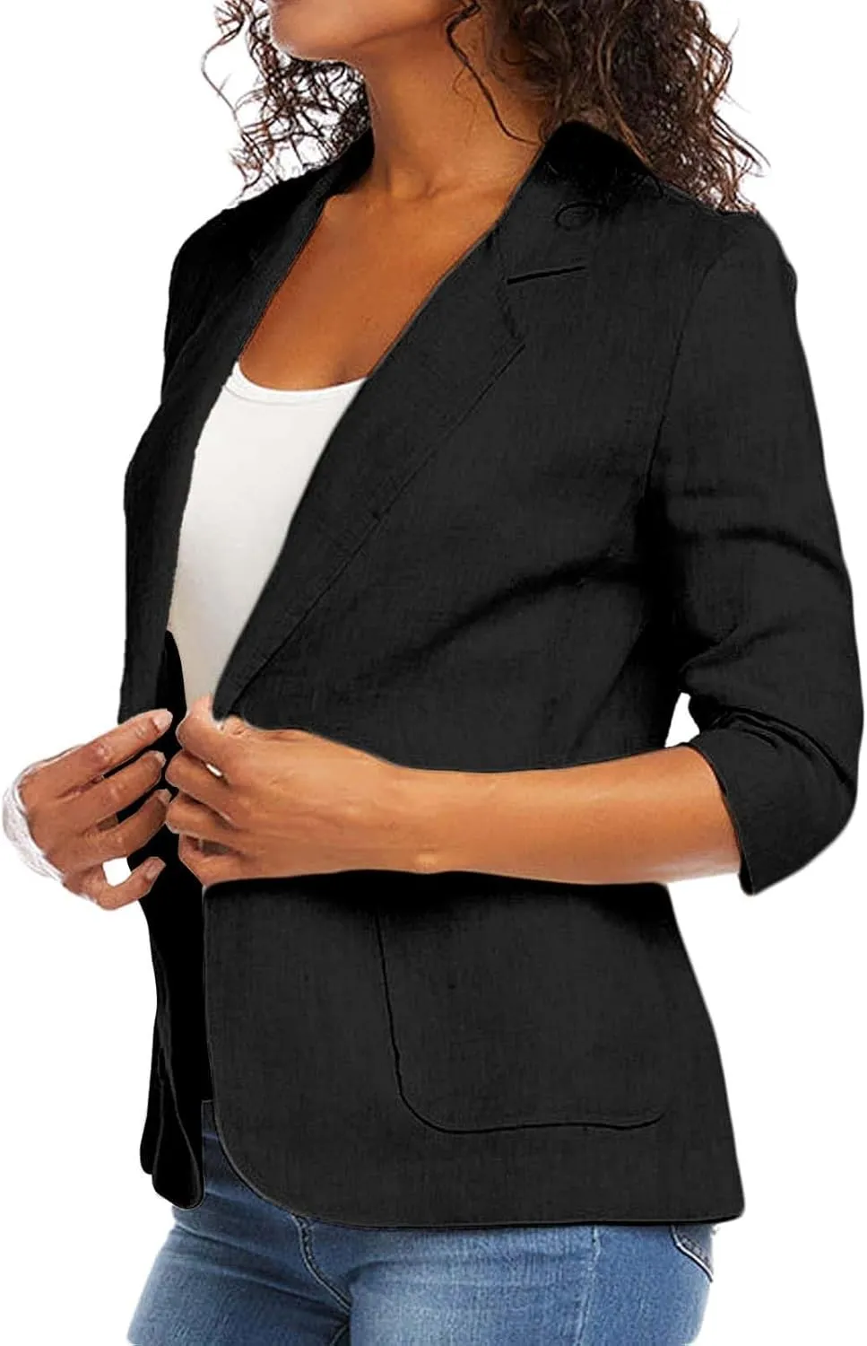 linen blazer women 3/4 Sleeve Ruched Lined Suit Stretchy Lightweight Casual Dressy Work Summer Jackets with Pockets