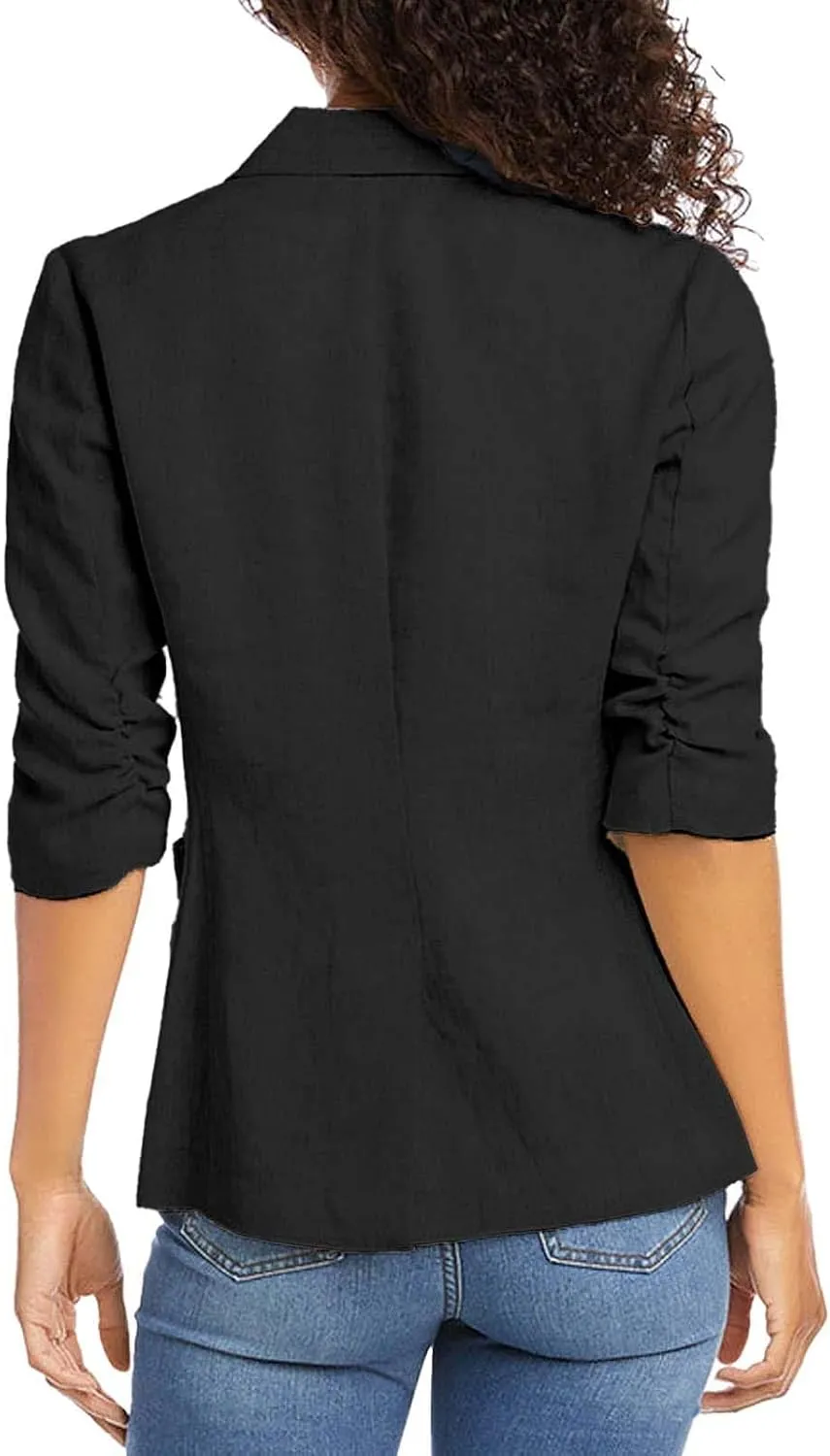linen blazer women 3/4 Sleeve Ruched Lined Suit Stretchy Lightweight Casual Dressy Work Summer Jackets with Pockets