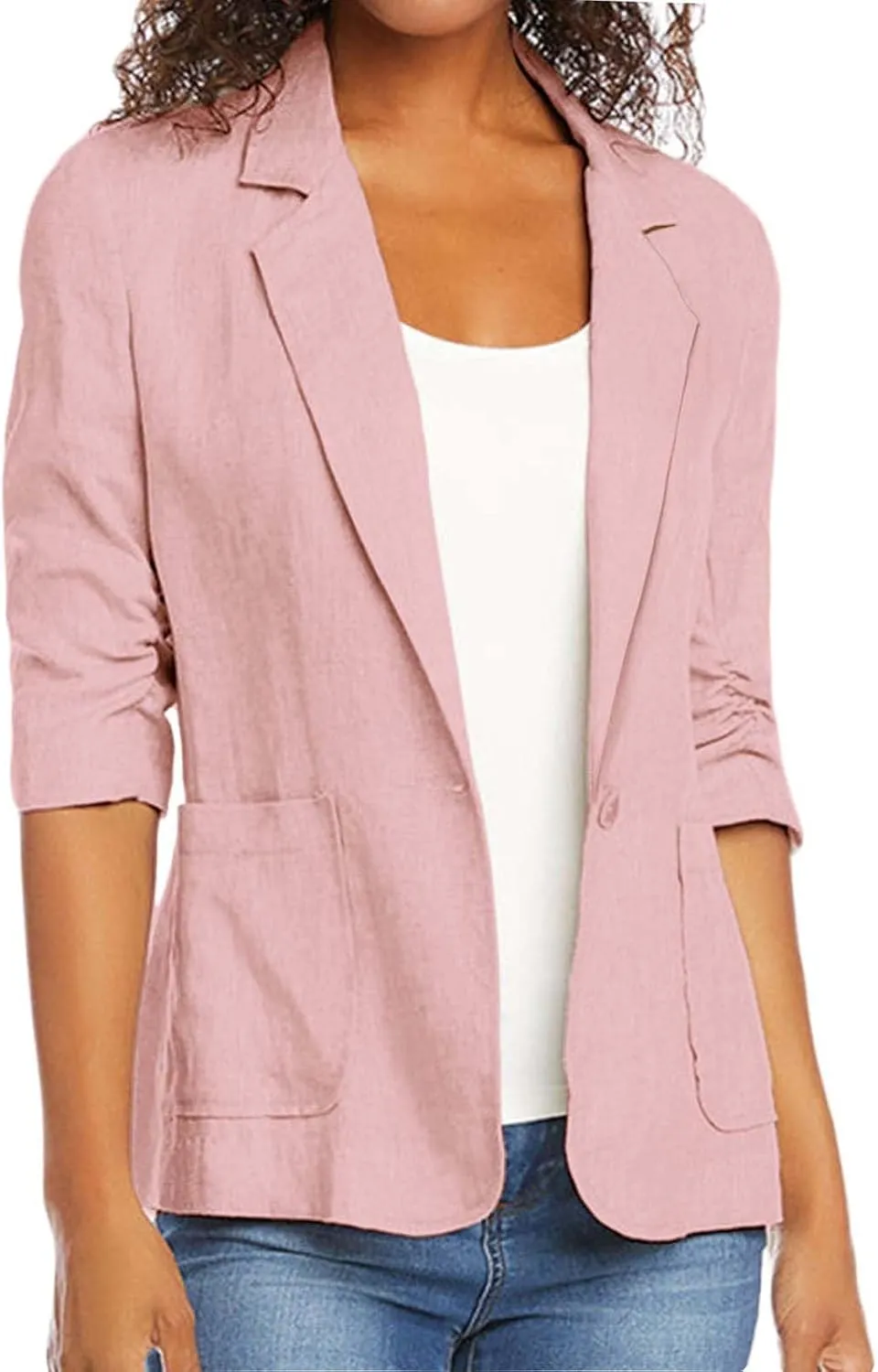 linen blazer women 3/4 Sleeve Ruched Lined Suit Stretchy Lightweight Casual Dressy Work Summer Jackets with Pockets