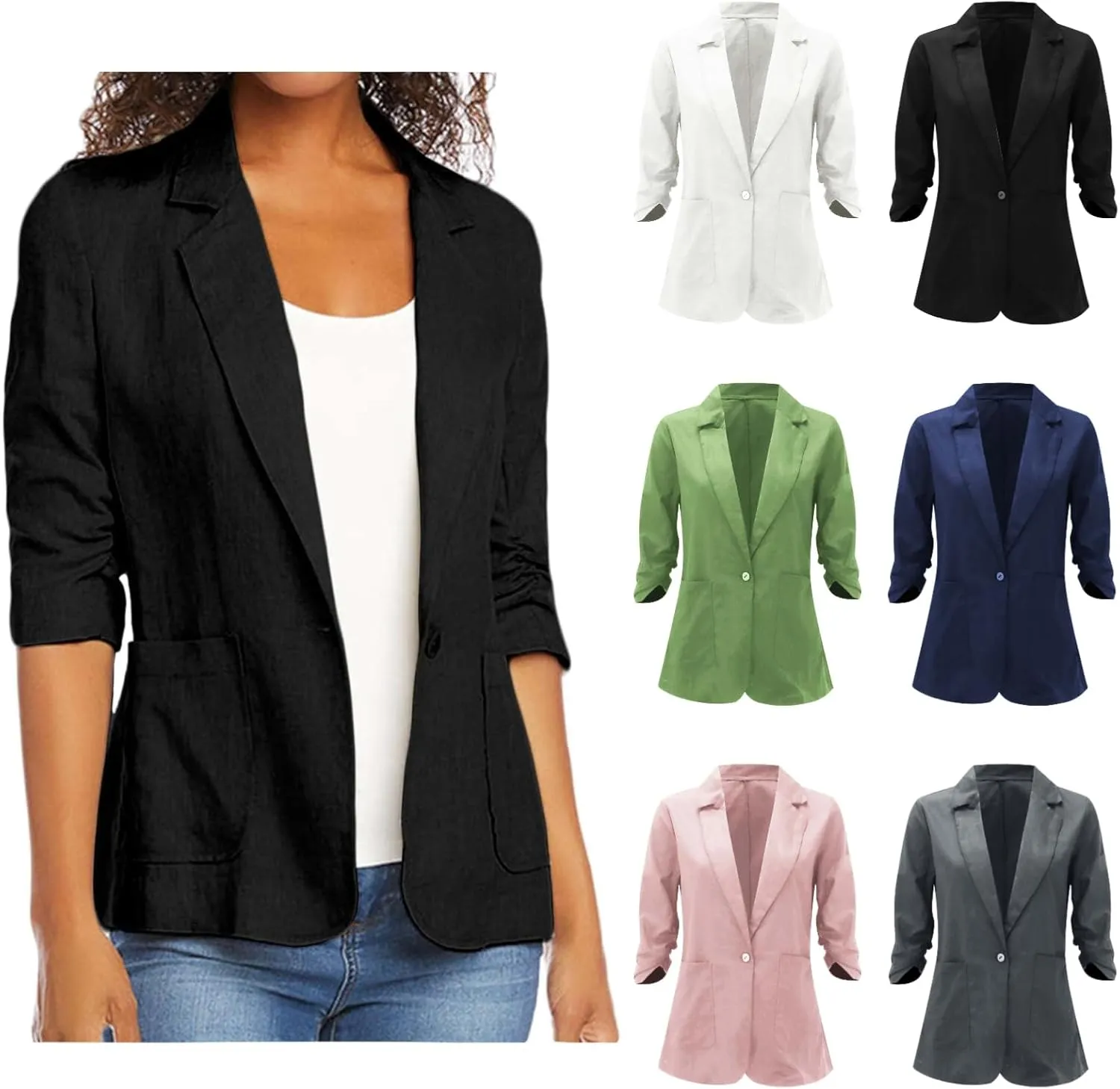 linen blazer women 3/4 Sleeve Ruched Lined Suit Stretchy Lightweight Casual Dressy Work Summer Jackets with Pockets