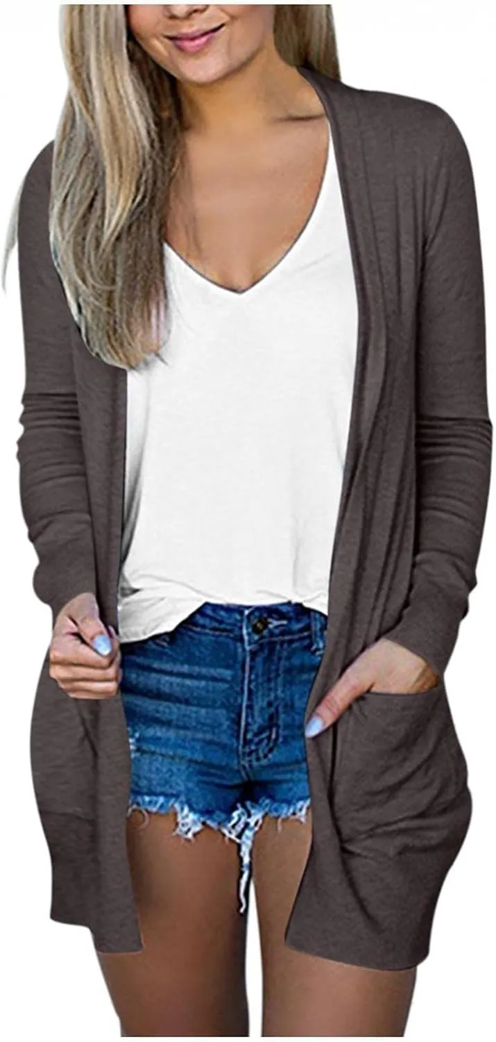 Long Sleeve Cardigan for Women Fall Open Front Kimono Sweatshrits with Pockets Soft Casual Losoe Outwear Shirts