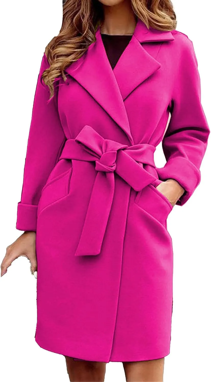 Maiyifu-GJ Women's Wool Blend Long Trench Coat Elegant Notched Lapel Coat Jacket Casual Fall Winter Overcoat with Belt