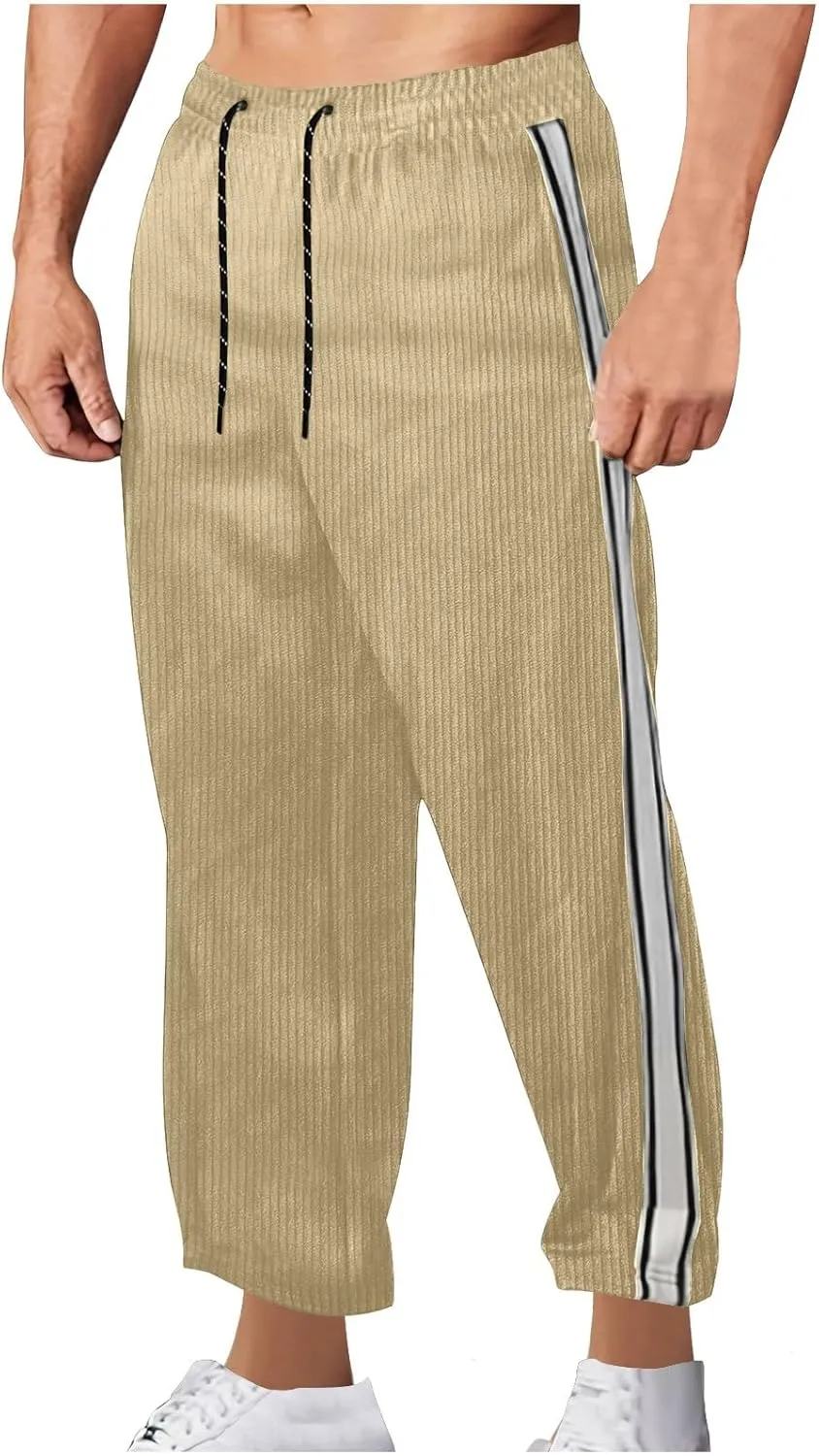 Mens Baggy Corduroy Pants Straight Leg Jogger Workout Casual Pants Loose Drawstring Elastic Waist Athletic Trousers