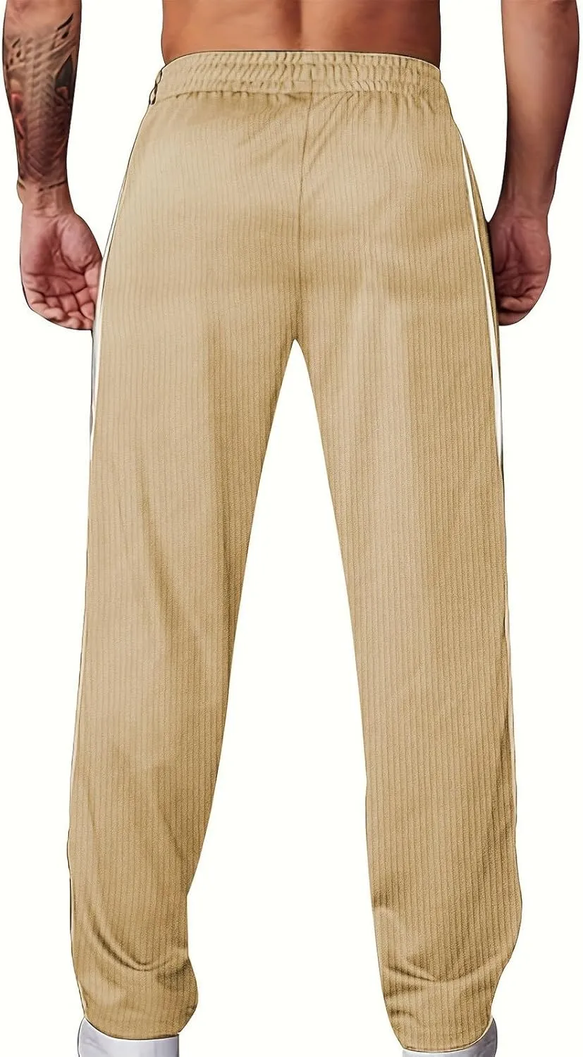 Mens Baggy Corduroy Pants Straight Leg Jogger Workout Casual Pants Loose Drawstring Elastic Waist Athletic Trousers