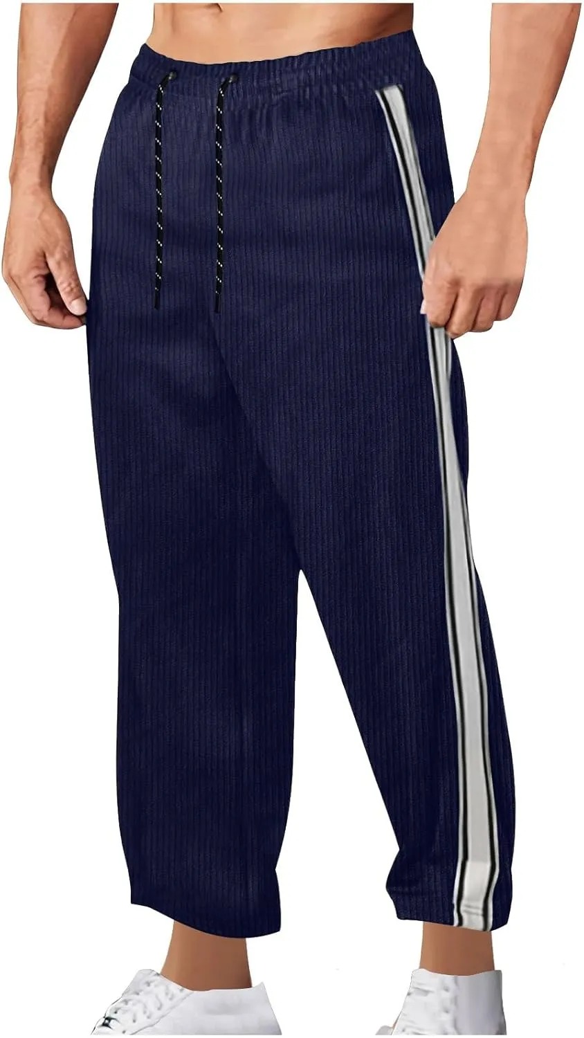 Mens Baggy Corduroy Pants Straight Leg Jogger Workout Casual Pants Loose Drawstring Elastic Waist Athletic Trousers