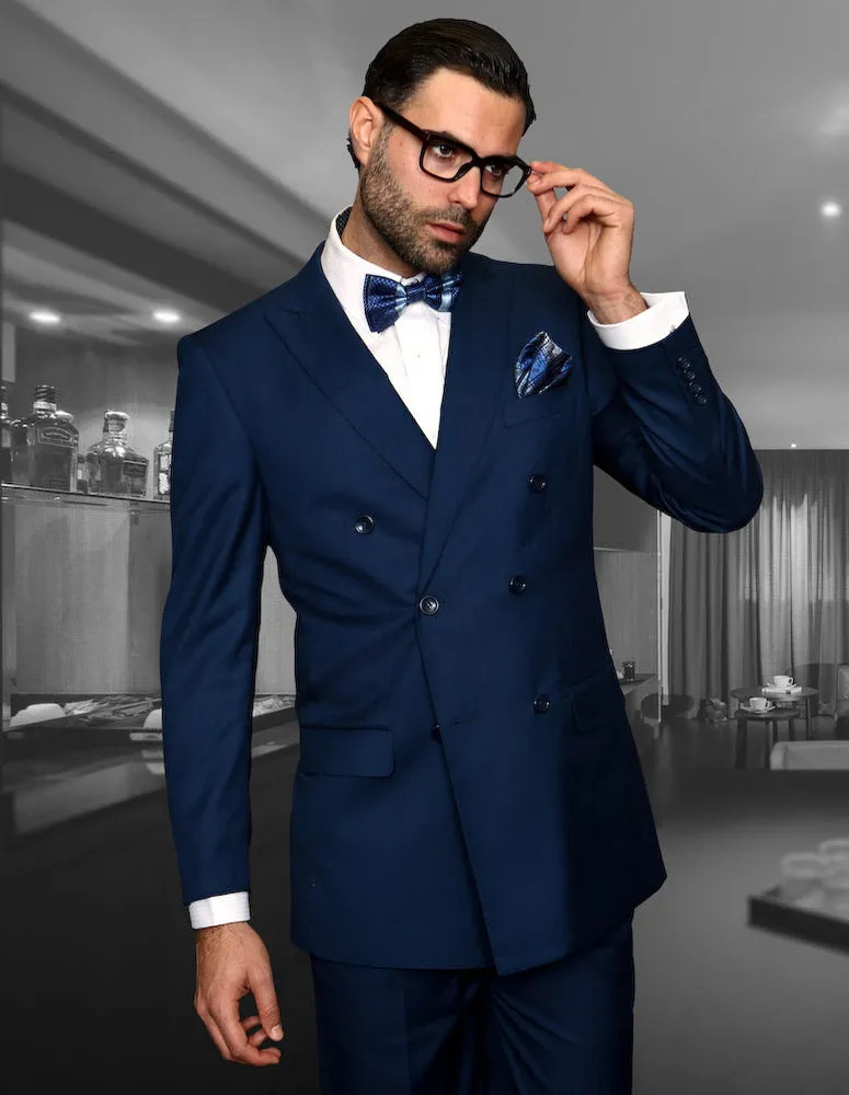 Men's blue statement suit double breasted classic fit pleated pants