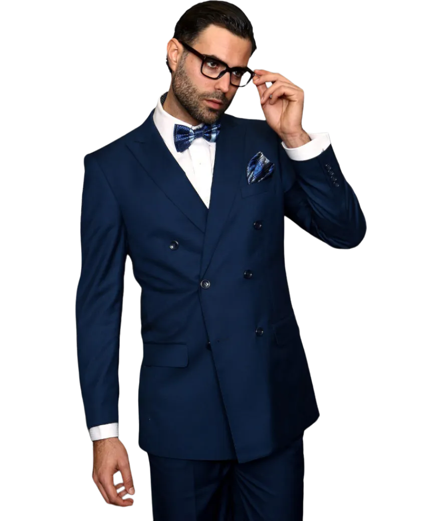 Men's blue statement suit double breasted classic fit pleated pants