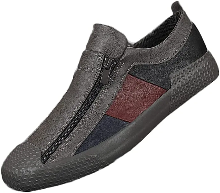 Men's Casual Black/White/Red Leather Flat Zipper Sneaker Shoes