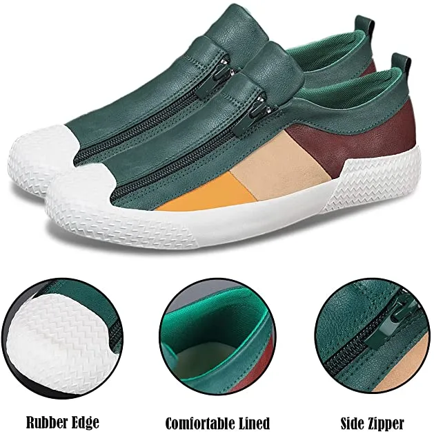 Men's Casual Black/White/Red Leather Flat Zipper Sneaker Shoes