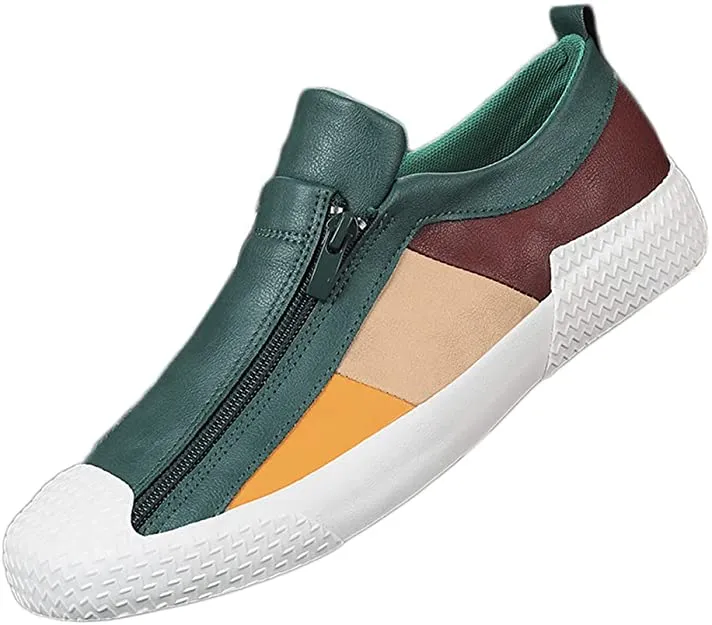 Men's Casual Black/White/Red Leather Flat Zipper Sneaker Shoes