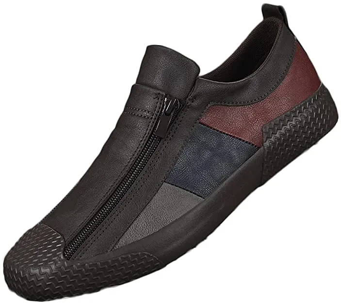 Men's Casual Black/White/Red Leather Flat Zipper Sneaker Shoes