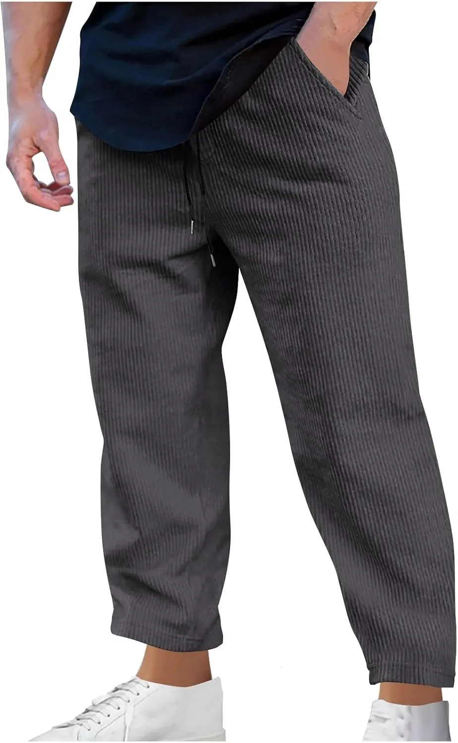 Men's Corduroy Pants Lightweight Casual Loose Drawstring Elastic Waist Straight Wide Leg Trousers with Pockets