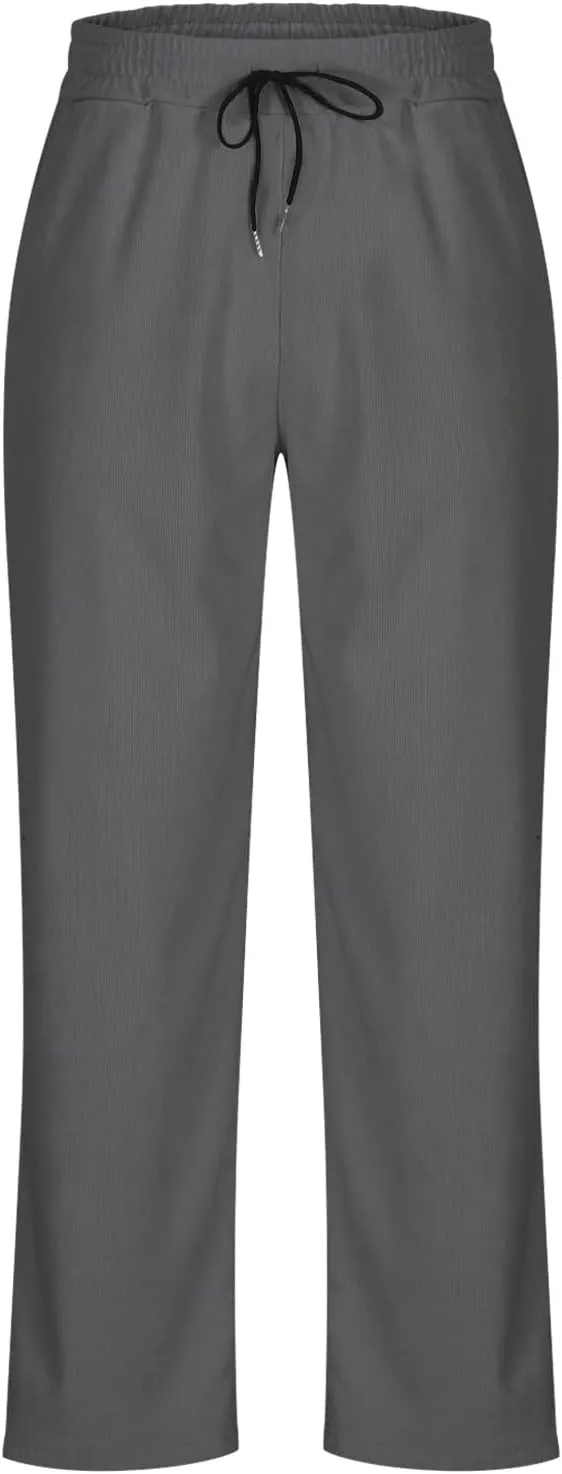 Men's Corduroy Pants Lightweight Casual Loose Drawstring Elastic Waist Straight Wide Leg Trousers with Pockets