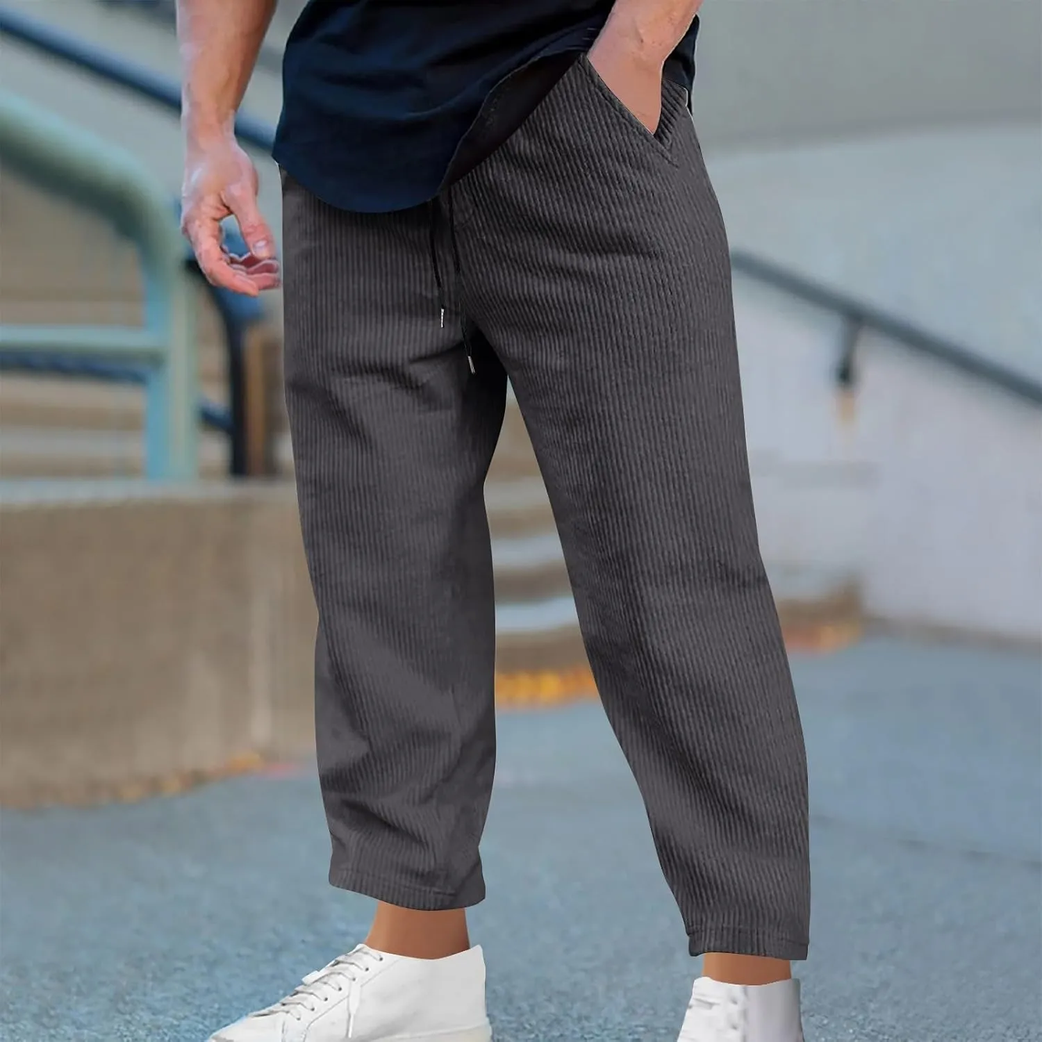 Men's Corduroy Pants Lightweight Casual Loose Drawstring Elastic Waist Straight Wide Leg Trousers with Pockets