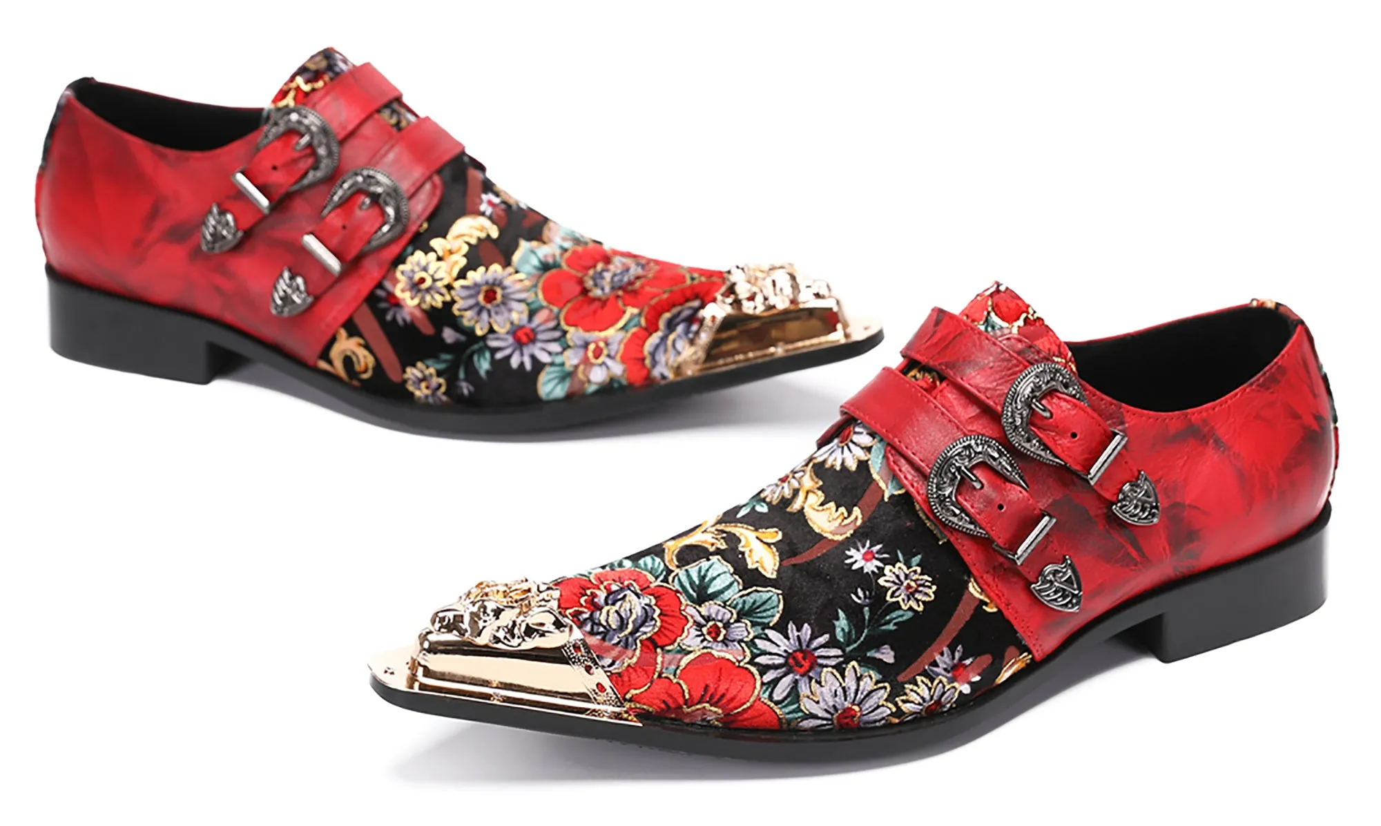 Mens Metal-Tip Toe Western Loafers Double Buckles Casual Shoes