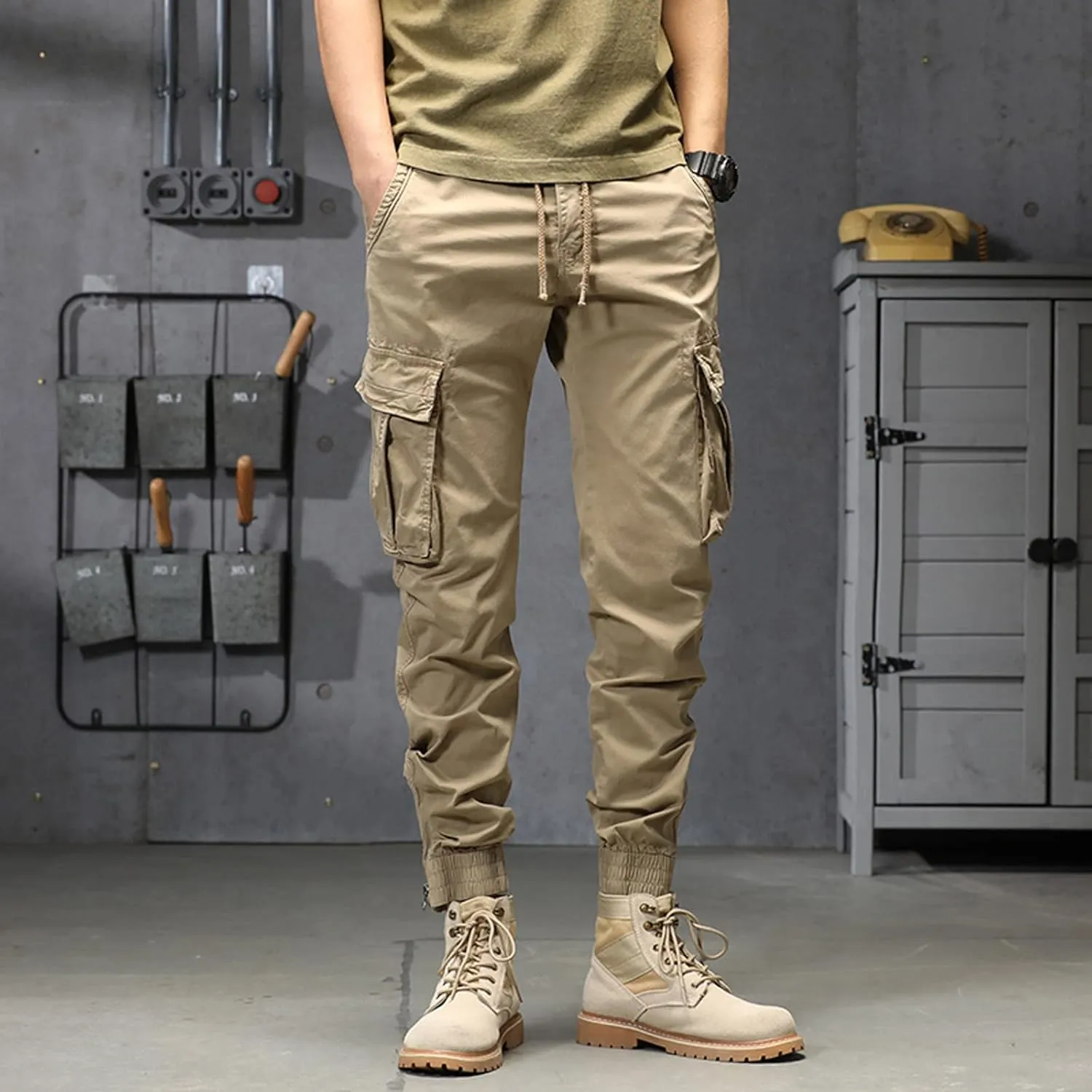 Mens Workout Cargo Sweatpants Heavy Weight Cotton Fleece Sweatpants Open Bottom Elastic Waist Drawstring with Pockets
