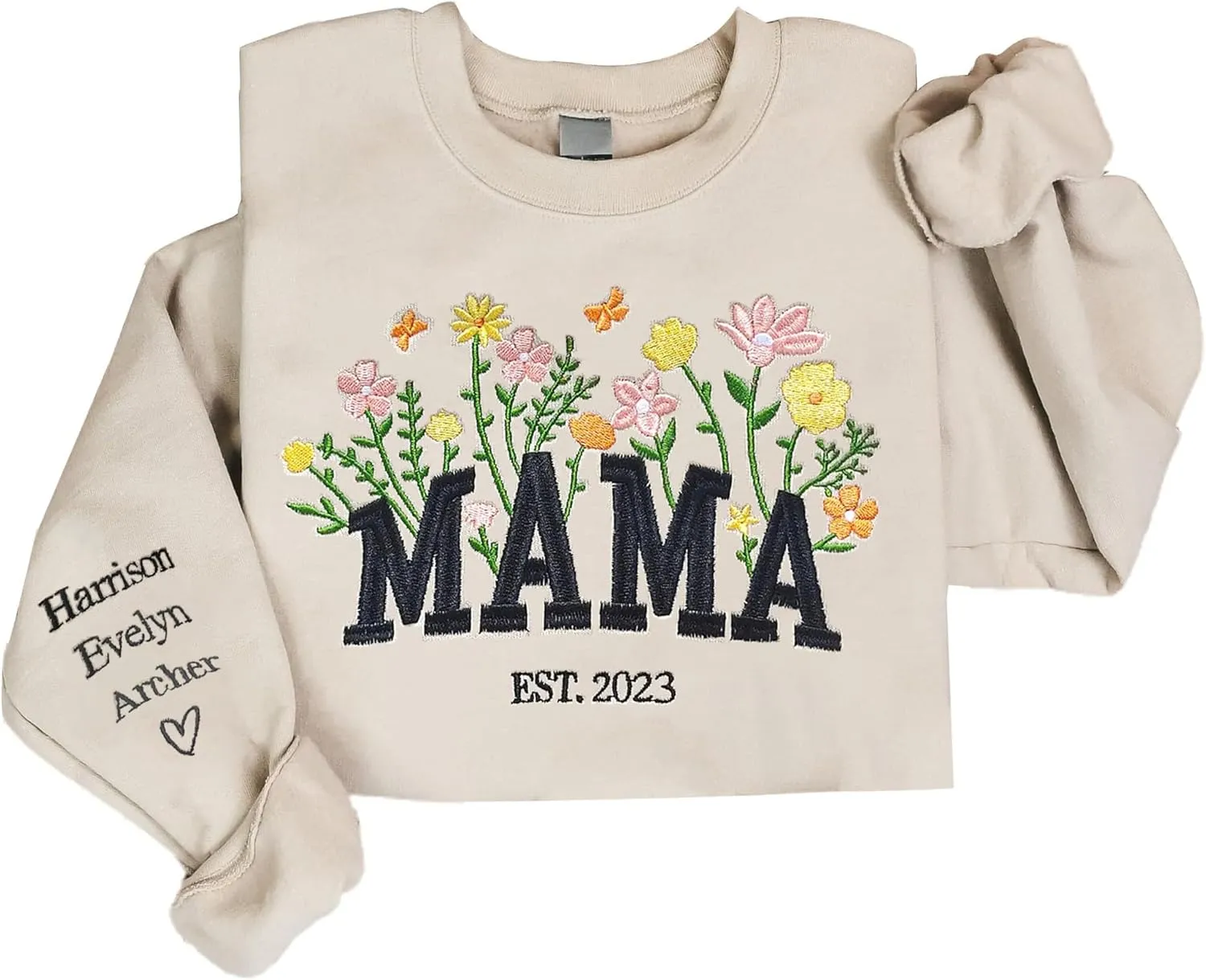 NAZENTI Custom Mama Embroidered Floral Sweatshirt with Kids Name on Sleeve, Mothers Day Shirt, Gift for New Mom, Mom Sweatshirt, Minimalist Mommy Flower Sweater, Mom Gifts, Mama Gifts