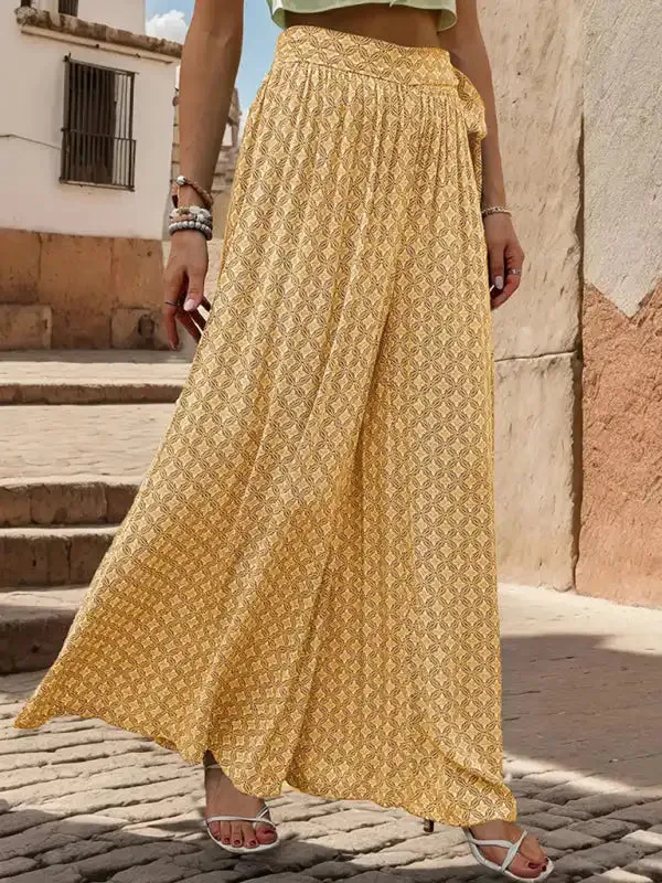 New women’s lace-up high-waisted casual printed wide-leg trousers