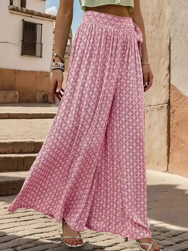 New women’s lace-up high-waisted casual printed wide-leg trousers