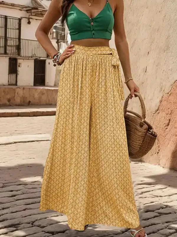 New women’s lace-up high-waisted casual printed wide-leg trousers
