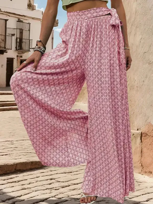 New women’s lace-up high-waisted casual printed wide-leg trousers