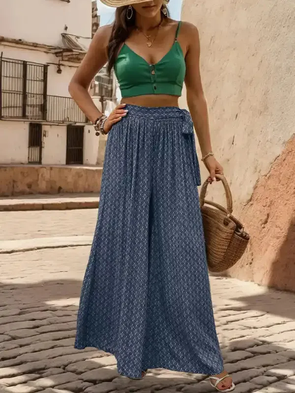 New women’s lace-up high-waisted casual printed wide-leg trousers