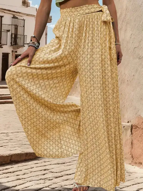 New women’s lace-up high-waisted casual printed wide-leg trousers