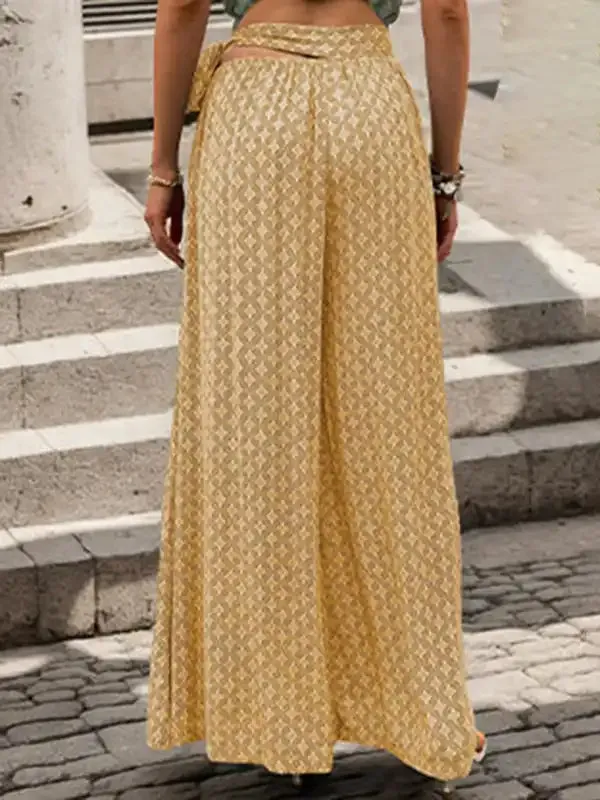 New women’s lace-up high-waisted casual printed wide-leg trousers