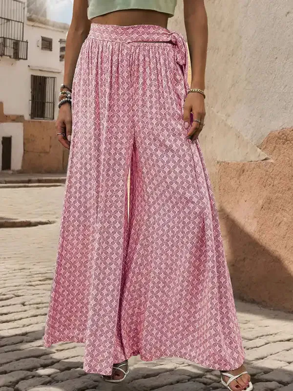 New women’s lace-up high-waisted casual printed wide-leg trousers