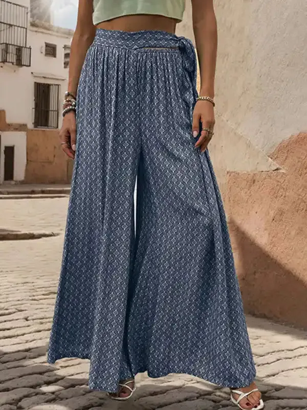 New women’s lace-up high-waisted casual printed wide-leg trousers