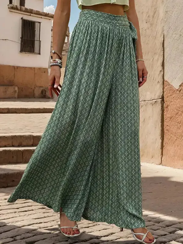 New women’s lace-up high-waisted casual printed wide-leg trousers
