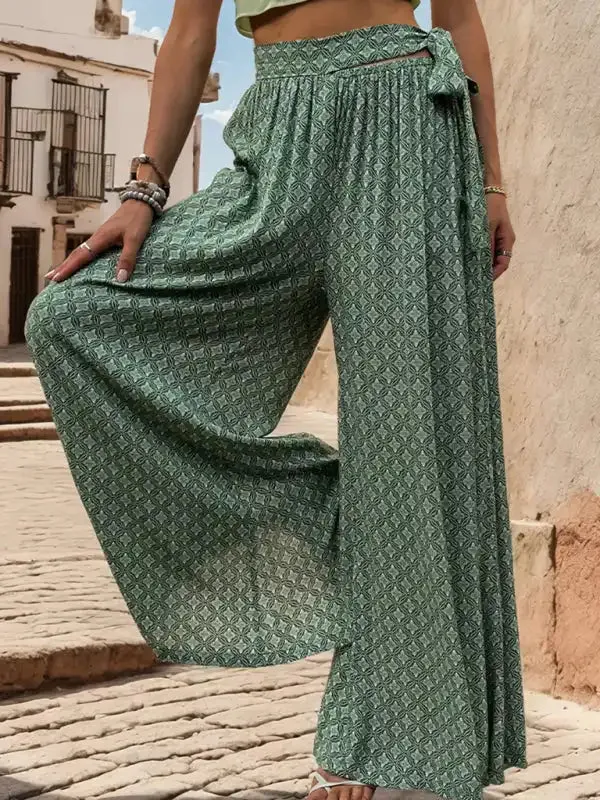 New women’s lace-up high-waisted casual printed wide-leg trousers
