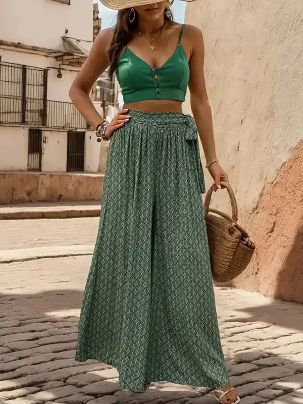 New women’s lace-up high-waisted casual printed wide-leg trousers