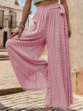 New women’s lace-up high-waisted casual printed wide-leg trousers