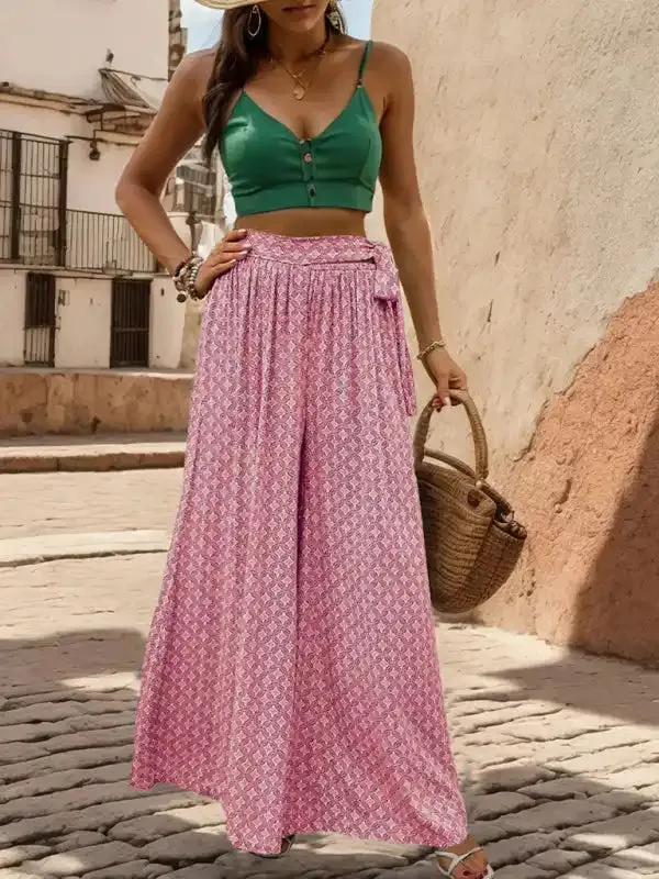New women’s lace-up high-waisted casual printed wide-leg trousers