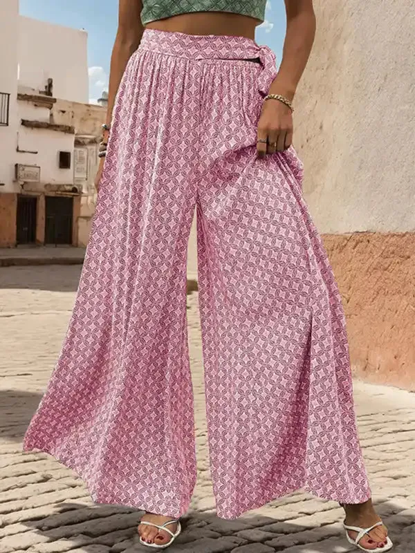 New women’s lace-up high-waisted casual printed wide-leg trousers