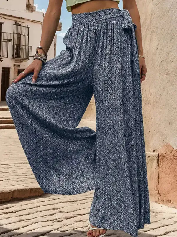 New women’s lace-up high-waisted casual printed wide-leg trousers