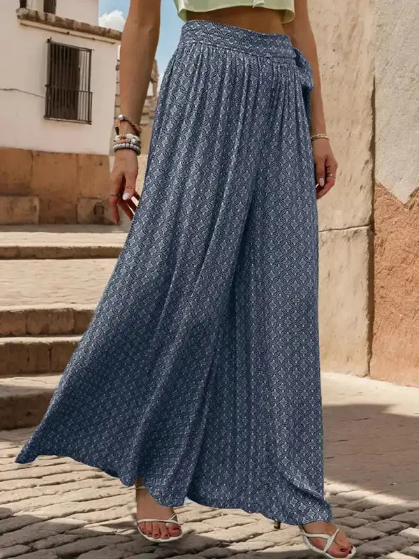 New women’s lace-up high-waisted casual printed wide-leg trousers