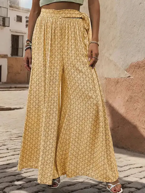 New women’s lace-up high-waisted casual printed wide-leg trousers