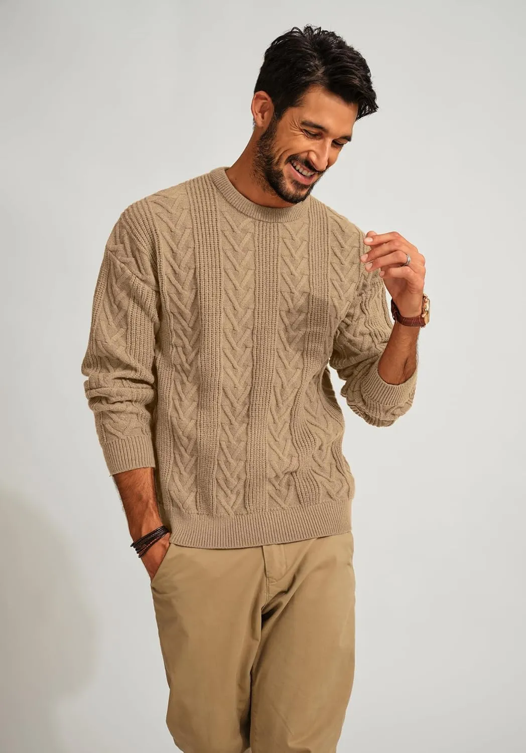 PJ PAUL JONES Mens Crewneck Sweater Casual Cable Knit Pullover Sweater Drop Shoulder Solid Knitted Sweaters