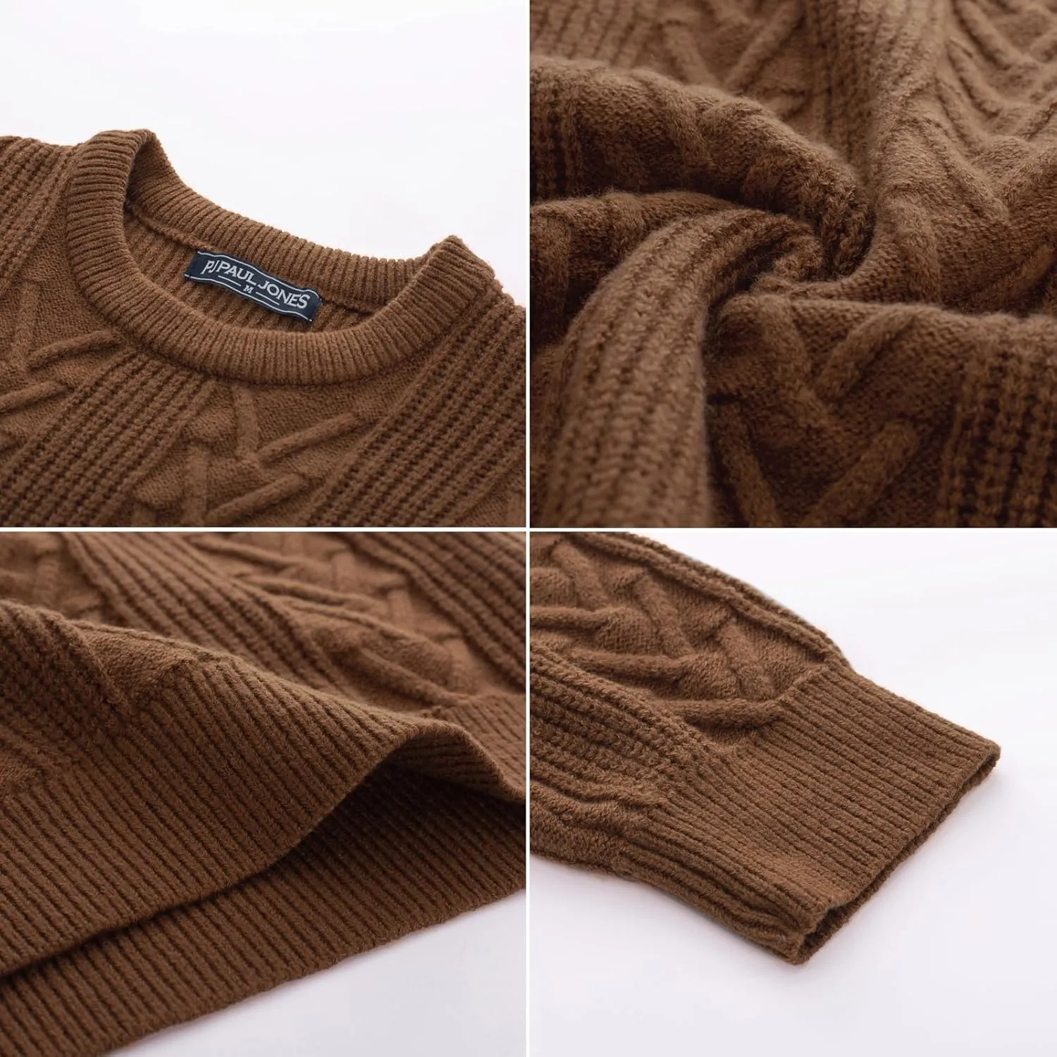 PJ PAUL JONES Mens Crewneck Sweater Casual Cable Knit Pullover Sweater Drop Shoulder Solid Knitted Sweaters