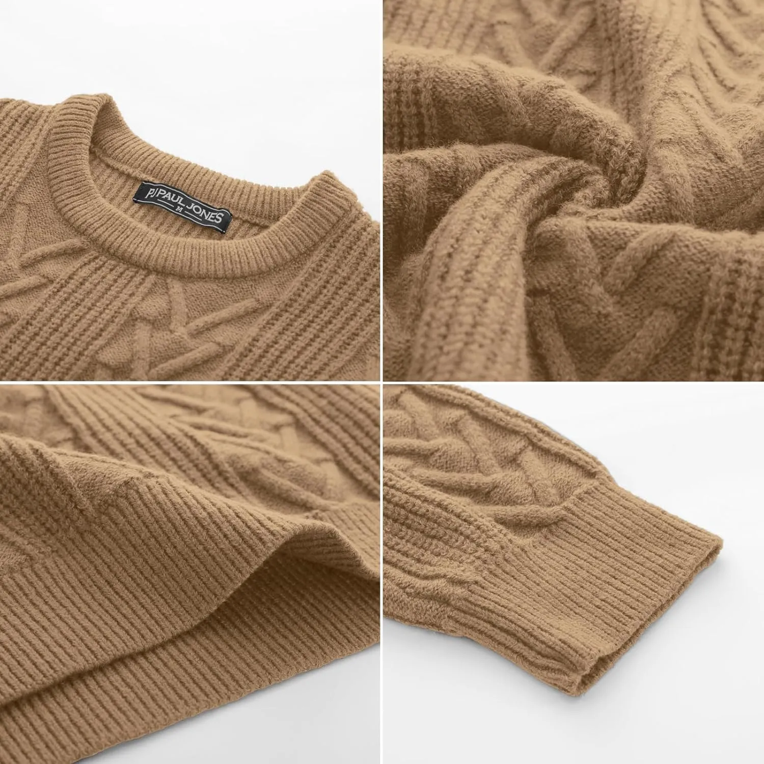 PJ PAUL JONES Mens Crewneck Sweater Casual Cable Knit Pullover Sweater Drop Shoulder Solid Knitted Sweaters