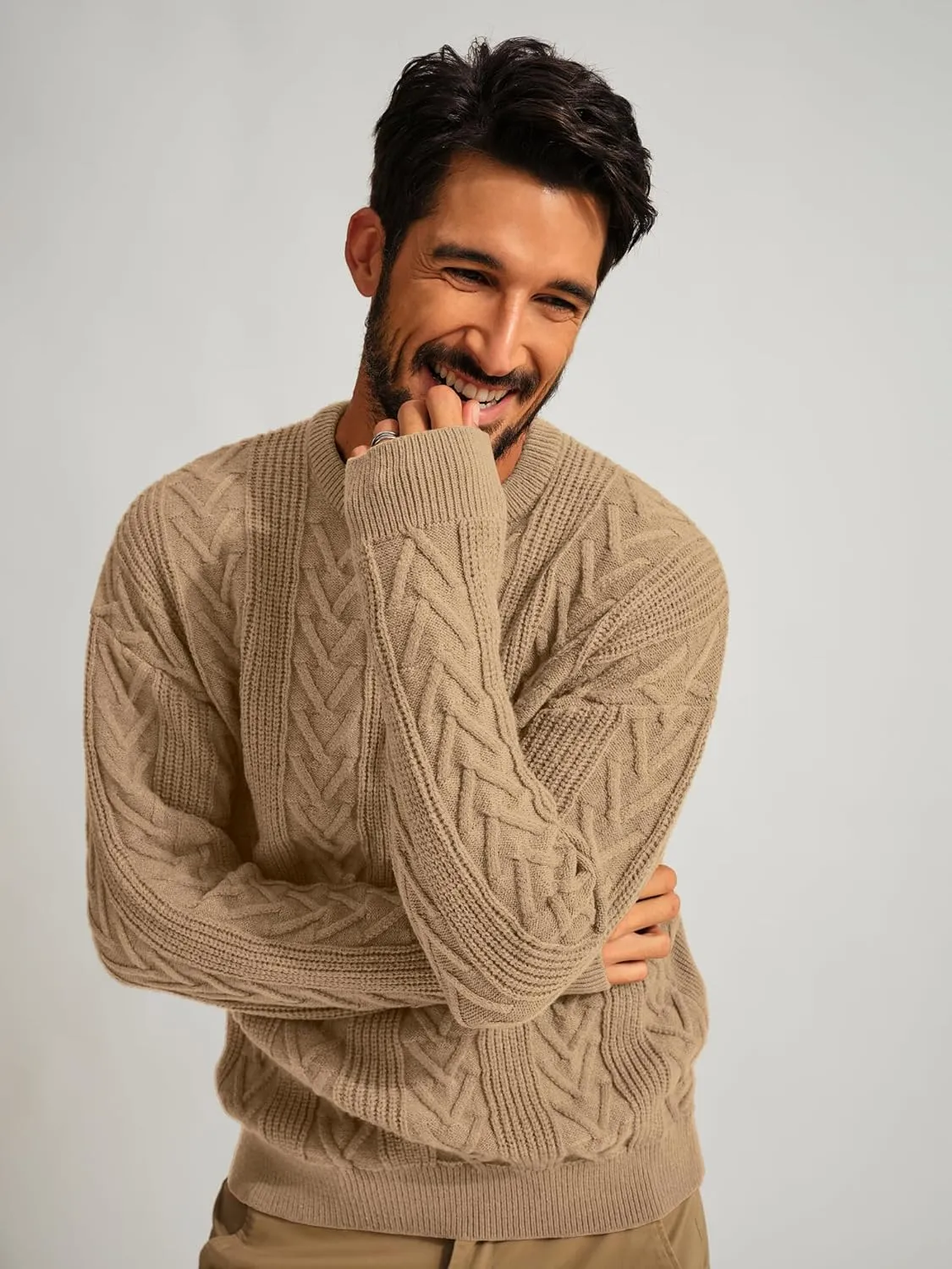 PJ PAUL JONES Mens Crewneck Sweater Casual Cable Knit Pullover Sweater Drop Shoulder Solid Knitted Sweaters