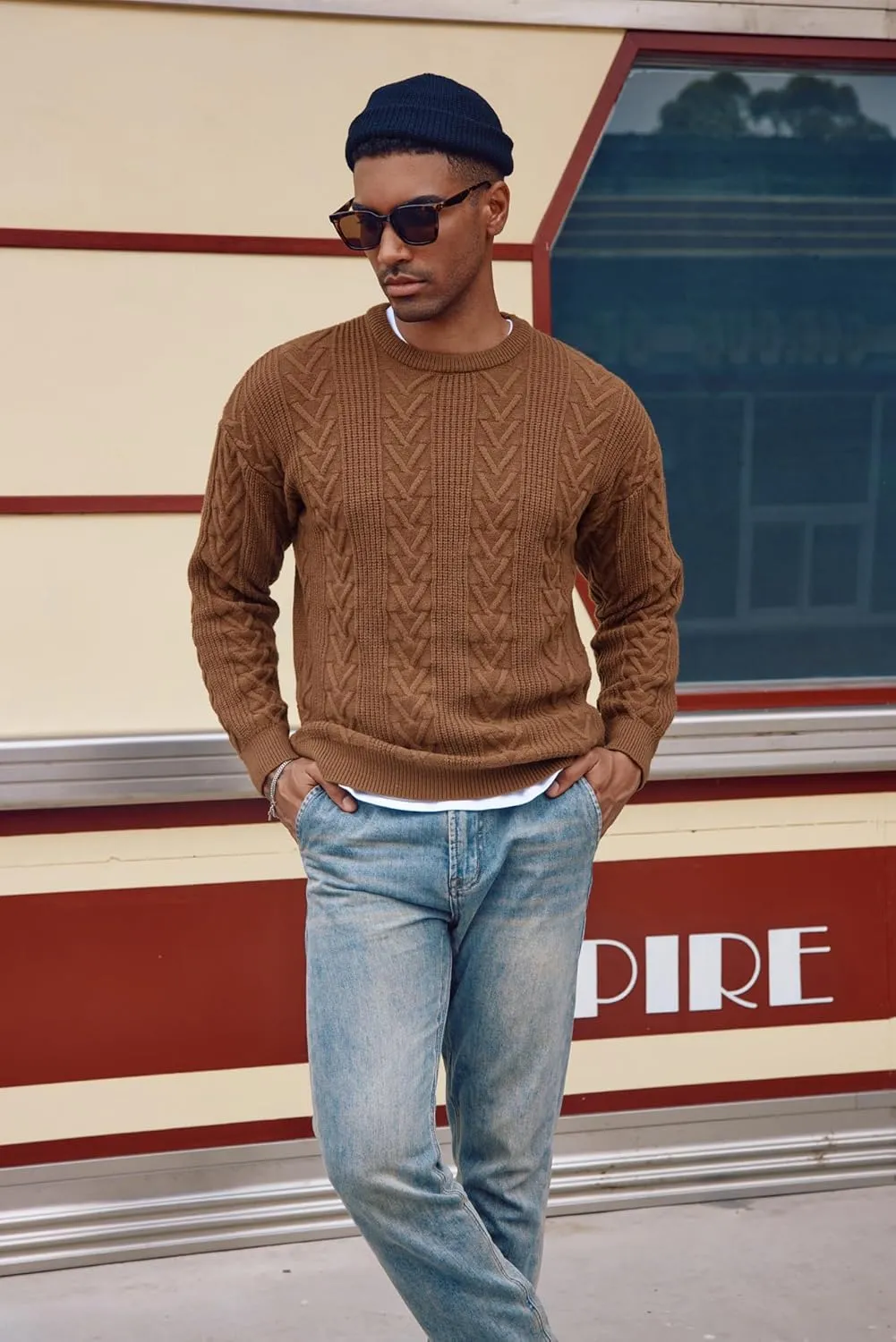 PJ PAUL JONES Mens Crewneck Sweater Casual Cable Knit Pullover Sweater Drop Shoulder Solid Knitted Sweaters