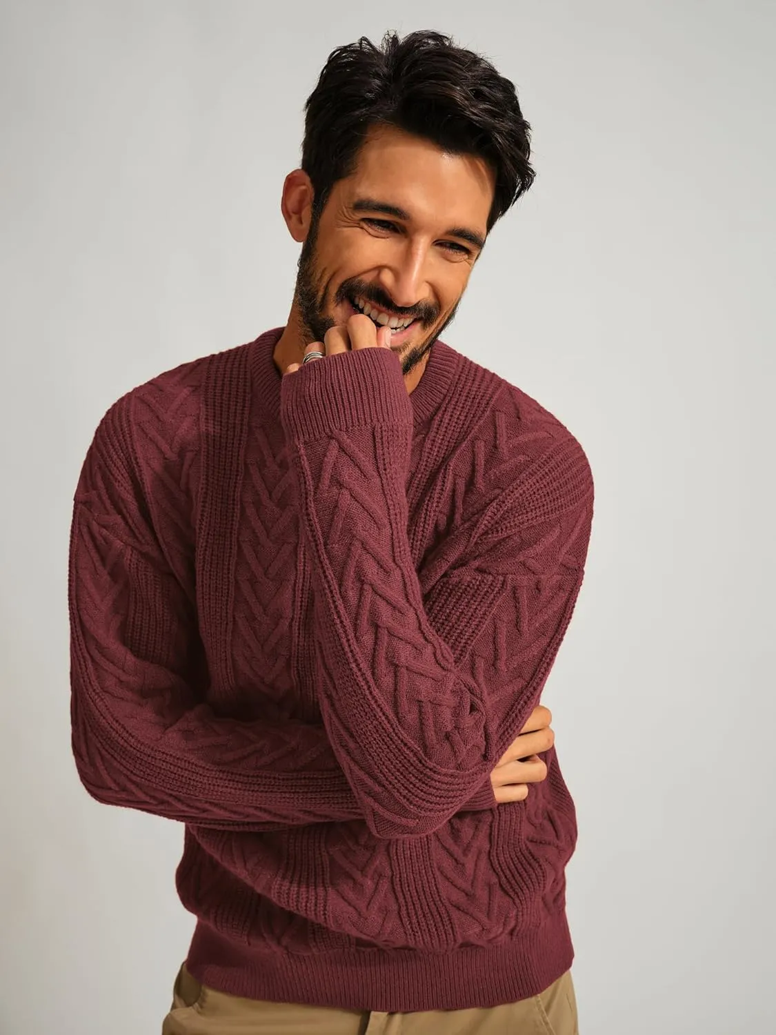 PJ PAUL JONES Mens Crewneck Sweater Casual Cable Knit Pullover Sweater Drop Shoulder Solid Knitted Sweaters
