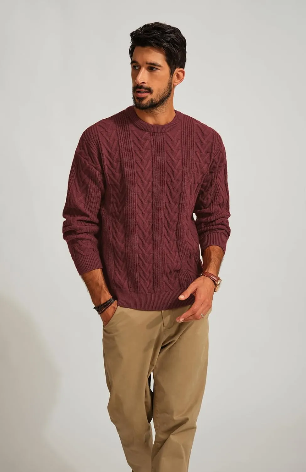 PJ PAUL JONES Mens Crewneck Sweater Casual Cable Knit Pullover Sweater Drop Shoulder Solid Knitted Sweaters
