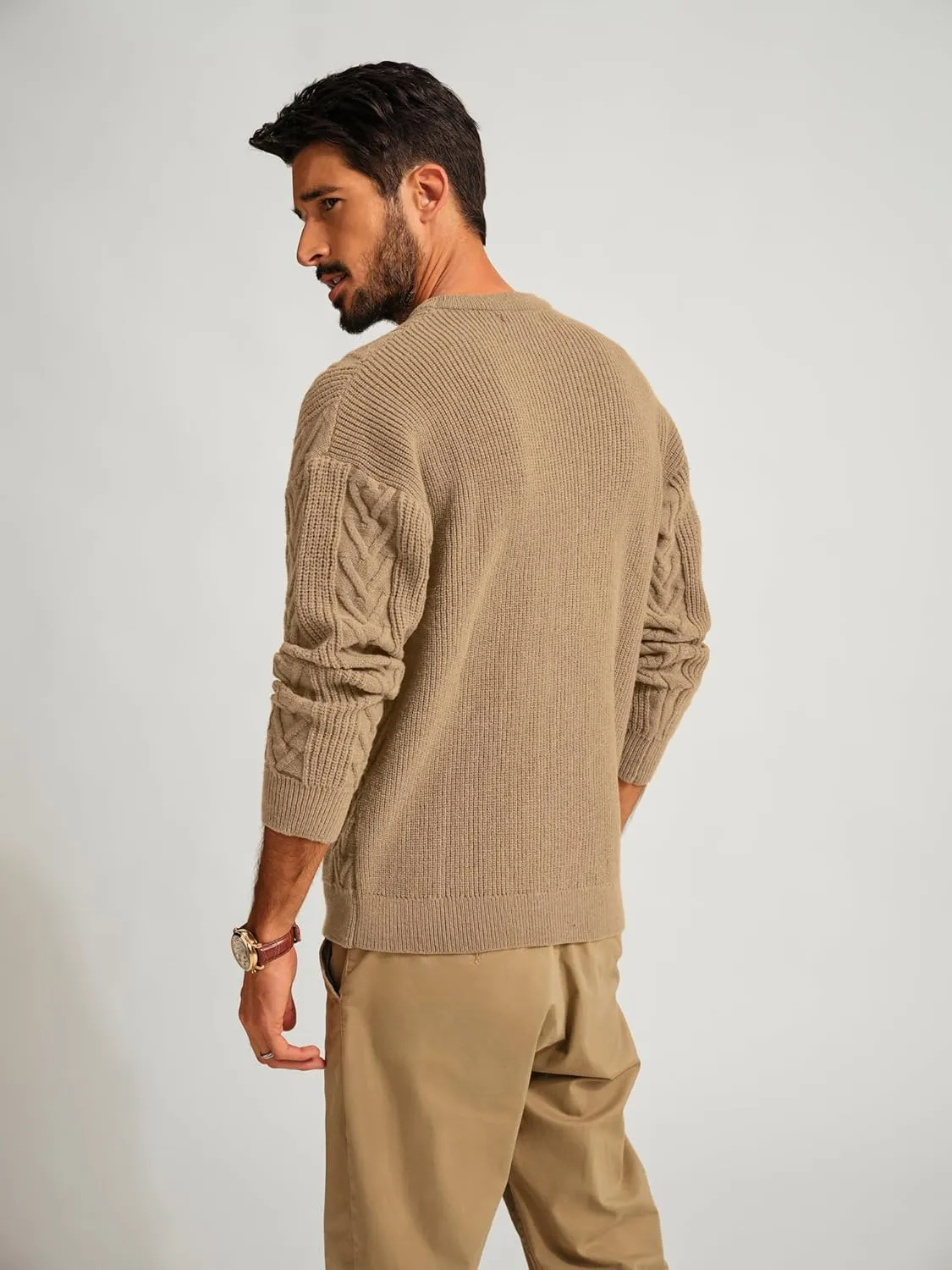 PJ PAUL JONES Mens Crewneck Sweater Casual Cable Knit Pullover Sweater Drop Shoulder Solid Knitted Sweaters