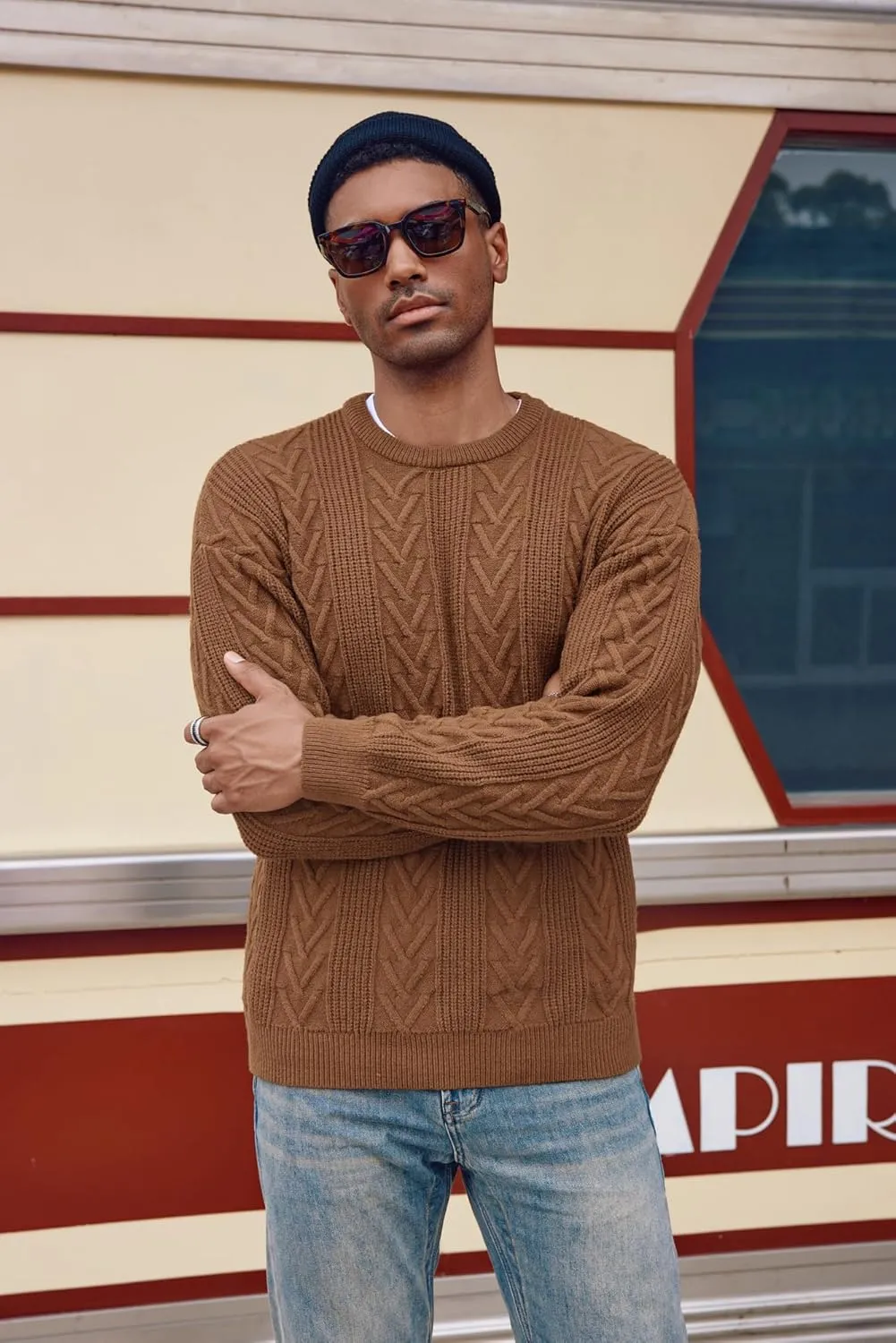PJ PAUL JONES Mens Crewneck Sweater Casual Cable Knit Pullover Sweater Drop Shoulder Solid Knitted Sweaters