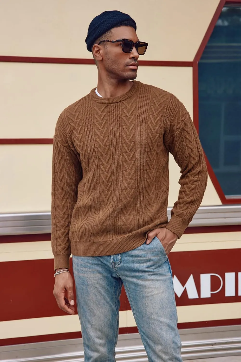 PJ PAUL JONES Mens Crewneck Sweater Casual Cable Knit Pullover Sweater Drop Shoulder Solid Knitted Sweaters